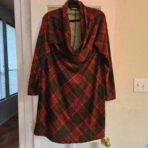 Annabelle Long Sleeve Knee Length Cowl Neck Plaid Christmas Holiday Dress Large - Picture 1 of 11